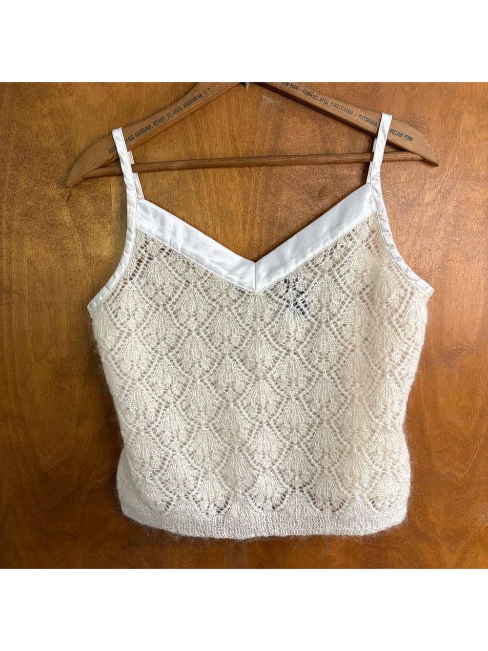 Vintage Cream Mohair Open Knit Lace Satin Cami Top Fairy Angel Y2K Dainty Preppy